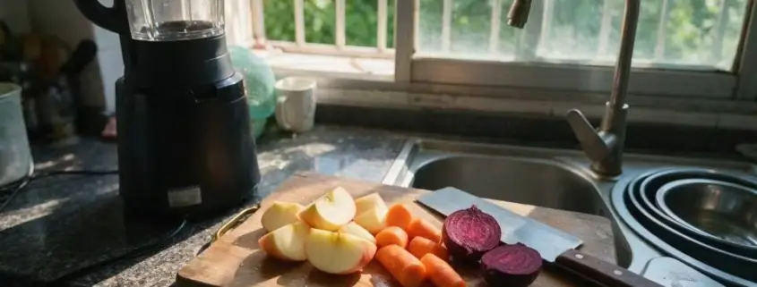 The best slow masticating juicer and high power blender setup on a real kitchen counter for a raw vegan diet.