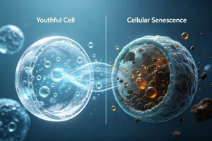 Scientific visual contrast of a thin infant cell membrane vs a thick congested elderly cell membrane under microscopic view