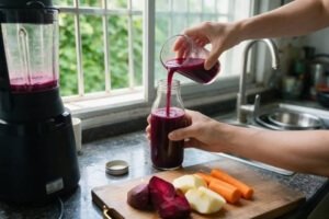 High horsepower blender pulverizing raw root vegetables into a smooth vortex to unlock phytochemicals