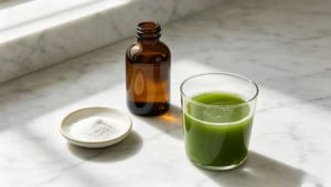 A sleek amber glass bottle of 2000 billion CFU vegan probiotics resting alongside a glass of pure cold-pressed juice.