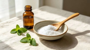 High-quality plant-based supplements and organic L-Glutamine powder arranged on a bright wellness-inspired tabletop for leaky gut healing
