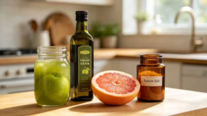 Ingredients for liver and gallbladder cleanse protocol including green apples, extra virgin olive oil, pink grapefruit, and organic epsom salt capsules on a wooden table.