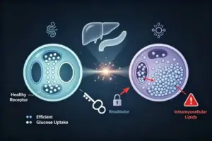 Scientific diagram illustrating how intramyocellular lipids clog cell receptors and cause insulin resistance