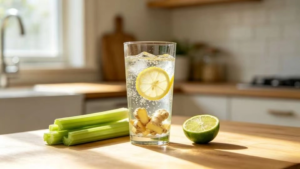 A 500ml glass of vibrant green pure celery juice on a morning wooden dining table for Anthony William SIBO recovery protocol