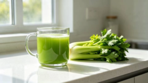 Fresh organic celery juice protocol in a glass mug on a white quartz kitchen table for chronic gastritis cure and liver detox.