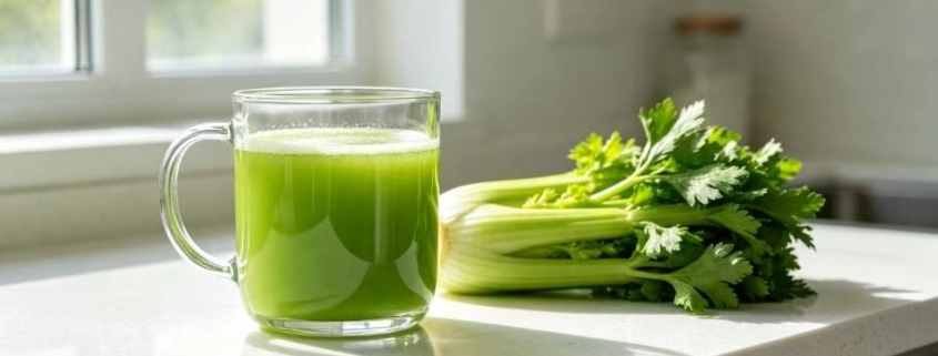 Fresh organic celery juice protocol in a glass mug on a white quartz kitchen table for chronic gastritis cure and liver detox.