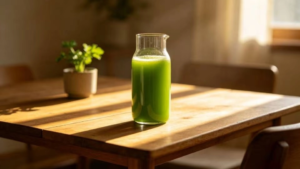A glass of fresh lemon ginger water next to celery stalks on a sunlit counter, illustrating natural ways to increase low stomach acid for SIBO