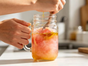 Ingredients for liver and gallbladder cleanse protocol including green apples, extra virgin olive oil, pink grapefruit, and organic epsom salt capsules on a wooden table.