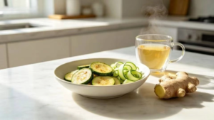 A clean, low FODMAP vegan meal prepped with fresh zucchini, cucumbers, and ginger tea for SIBO diet plan and bloating cure.