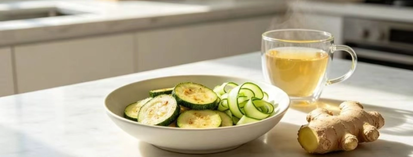 A clean, low FODMAP vegan meal prepped with fresh zucchini, cucumbers, and ginger tea for SIBO diet plan and bloating cure.