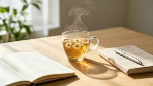 A calming glass of herbal tea next to an open notebook on a serene wooden desk, illustrating stress reduction for leaky gut healing.