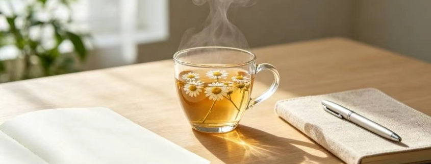 A calming glass of herbal tea next to an open notebook on a serene wooden desk, illustrating stress reduction for leaky gut healing.