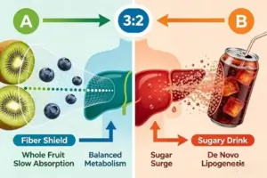 Biochemical comparison showing how whole fruit fructose is safely processed via fiber shield vs isolated high-fructose corn syrup overloading the liver