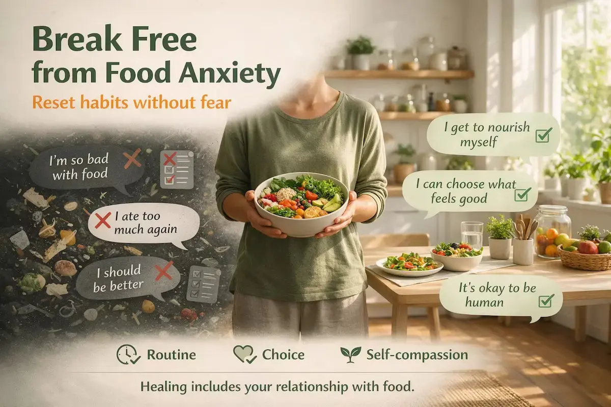 Wellness illustration of a person holding a fresh raw vegan bowl, standing between chaotic food thoughts and a calm meal table, with fading speech bubbles and mindful eating elements