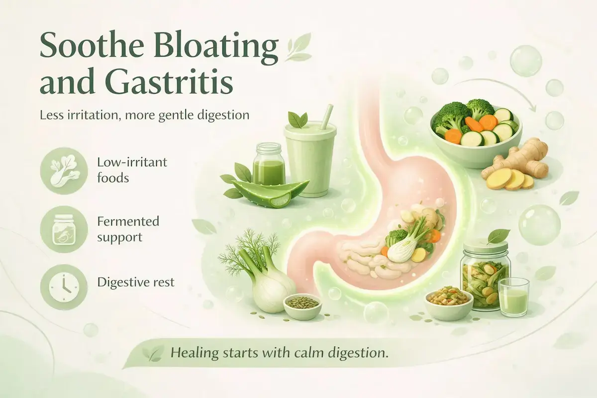 Soft healing illustration of a stomach and digestive tract being soothed by smoothies, steamed vegetables, ginger, fennel, and fermented plant foods, with calm low-irritant visual elements